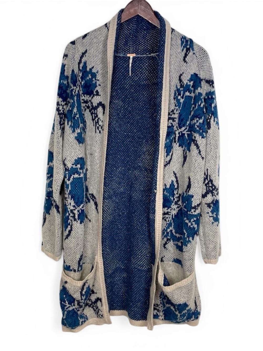 Free People Blue Combo Flower Power Open Front Duster Cardi Size Medium